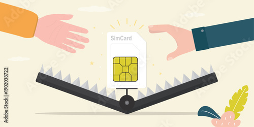 Sim card in animal trap, bait. Customer hands catching sim card for connection. Marketing, promotion campaign. Deception, scam, fake low fare. Fraud wit simcard, crime and lie.