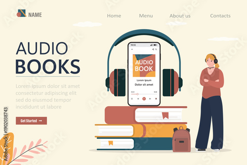 Audio books, landing page template. Female user or student listening and reading interesting literature. Online education and learning. Headphones, internet library