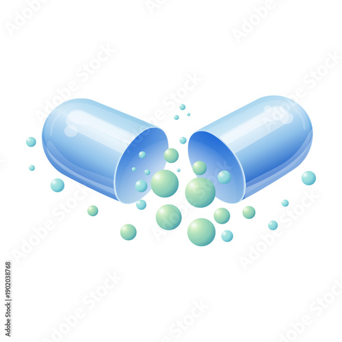 Blue capsules drop spheres on white