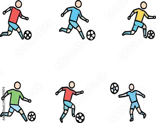 Colorful soccer players kicking football in different poses