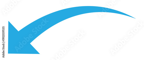 Blue long arrow pointing leftward down side. curve arrow icon flat style. Isolated blue curved arrowhead on white page. EPS 10. 