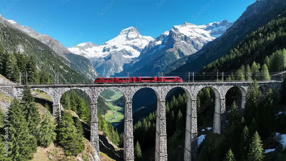 custom made wallpaper toronto digitalScenic Train Journey Across a Stone Bridge in the Swiss Alps.