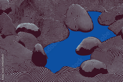 Elegant Japanese-inspired background featuring dark purple stones surrounding a bright blue pool. Detailed hand-drawn woodblock etching and rhythmic line art create a serene aesthetic.