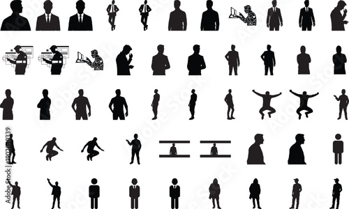 Extensive set of black business and human silhouettes showing standing, walking, jumping, gestures, profiles, and technology interaction isolated on white background for design projects