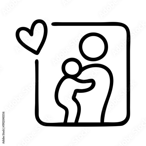 Logotipo con dibujo minimalista con líneas de una madre abrazando a su hijo en un cuadrado con un corazón, para tarjetas y felicitaciones del Día de la Madre