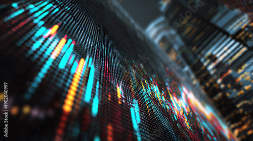 Close-up view of financial market data visualization on a digital screen with colorful stock trends.
