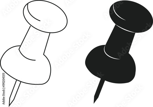 Push pin icon set design element, Push pin icon set in outline and silhouette style for website and app UI design projects,  Map Location, Reminder, Notes, and office organization. vector illustration