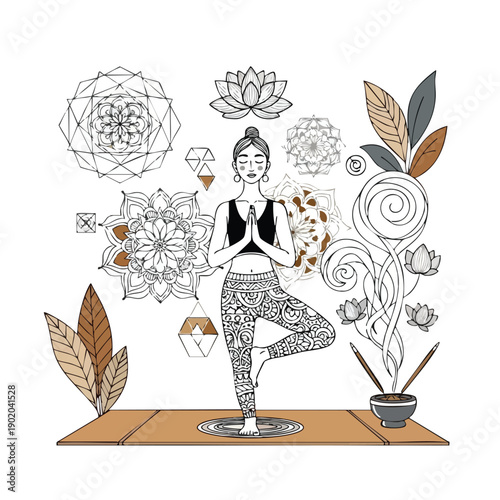 Woman practicing yoga in tree pose with hands in prayer position.