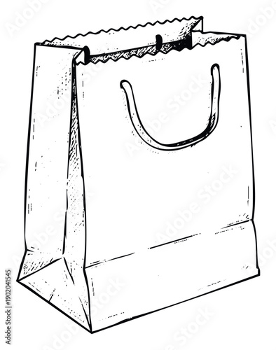 Detailed monochromatic sketch of a sturdy paper gift or shopping bag with a wavy top edge and convenient handles, excellent for environmentally conscious product packaging, store