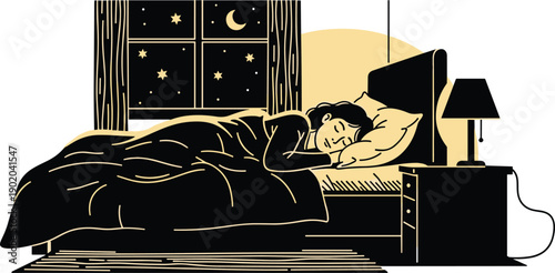 Peaceful sleep, night rest, cozy bed, starry sky, crescent moon, calm bedroom, wellness lifestyle, relaxation scene, healthy sleep, serene illustration