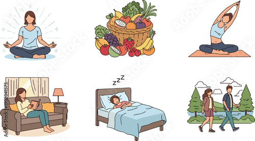 Meditation pose, fruit basket, yoga stretch, reading book, restful sleep, outdoor walk, wellness lifestyle, healthy living, balanced routine, relaxation illustration