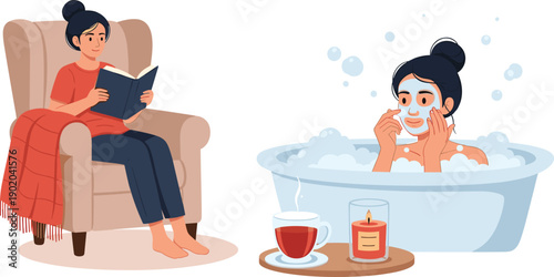 Reading book, cozy armchair, bubble bath, facial mask, steaming tea, lit candle, self-care lifestyle, wellness design, calm routine, relaxation illustration