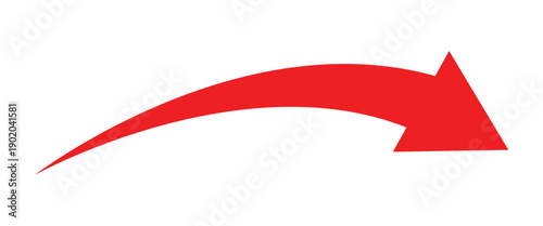 Red long curve arrow pointing right side. Curve arrow for presentations and graphic projects. Vector illustration isolated on white background.