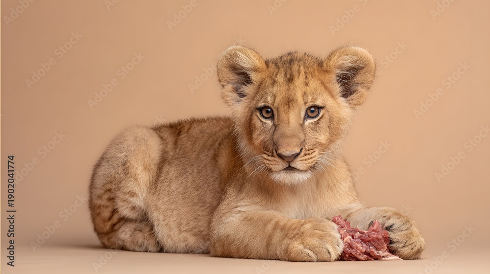 Obraz premium Adorable Lion Cub Lying Down and Eating Raw Meat Piece