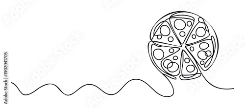 Dynamic continuous line drawing of a savory pizza cut into six slices, ideal for culinary promotions, food service branding, and quick meal advertisements.