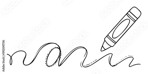 Simple black line drawing of a crayon marking a wavy scribble on a surface, ideal for school supplies promotions, kids activities, or back to school graphic presentations.