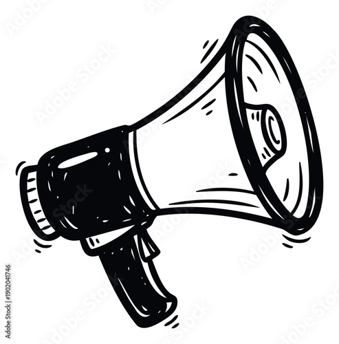 Powerful hand drawn black and white megaphone symbol for urgent announcements communication and public speaking marketing campaigns