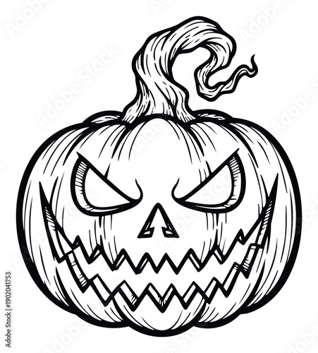 Hand drawn black and white spooky Halloween pumpkin with a scary carved face, jagged teeth, and curly stem, ideal for seasonal holiday decorations, festive event invitations, and spooky
