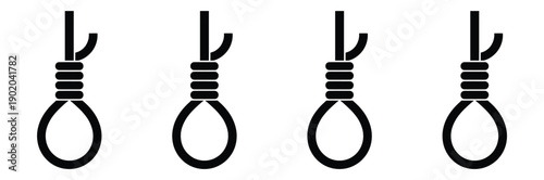 Hangman Noose Rope Knot Icon Set, Suicide and Execution Symbol, Gallows Loop Vector Silhouette Collection