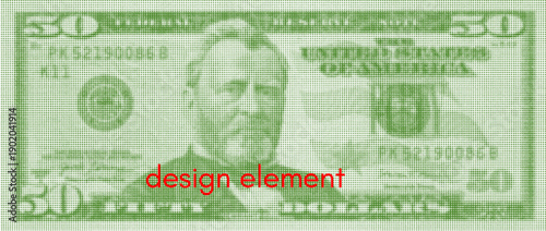 Vector green pixel halftone obverse of 50 US dollar banknote. Fifty dollars. American note made of many dots. Design element