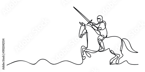 Dynamic continuous line drawing of a medieval knight on a rearing horse wielding a sword perfect for historical themes branding or modern graphic design projects