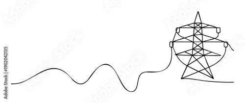 Minimalist one line drawing depicting an electricity pylon connected to a wavy power line, symbolizing energy transmission, industrial infrastructure, and technological advancements.