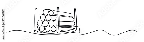 Continuous line drawing of stacked cylindrical objects and rolls representing industrial materials or abstract storage solutions perfect for manufacturing, logistics, or construction sector