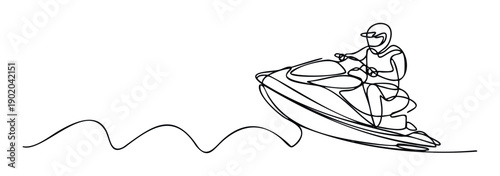 Dynamic single line drawing of a person riding a jet ski across wavy waters, perfect for sports event promotions, marine adventure brochures, or active lifestyle campaigns