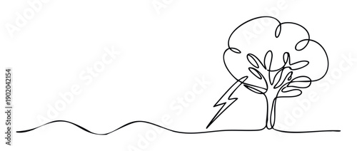 Minimalist single continuous line drawing of a tree struck by a lightning bolt, symbolizing environmental impact or strong energy, perfect for nature themed media or educational