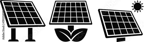 Black and White Minimalist Solar Panel Icons Representing Renewable Energy Sustainable Development Green Technology Clean Power Generation Eco Friendly Environment and Future Electricity Solutions 