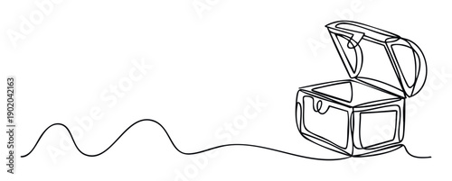 A continuous single line drawing of an open treasure chest with a wavy path for discovering valuable opportunities and future financial success presentations