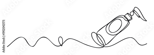 Minimalist continuous line drawing of a cosmetic pump bottle and flowing wavy line, perfect for spa, and skincare product packaging or brand promotion concepts.