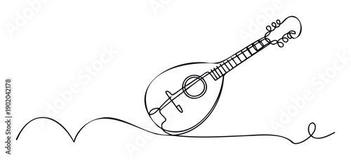 Elegant continuous line art capturing the essence of a classical mandolin or lute, ideal for musicthemed advertisements, concert posters, or educational materials.