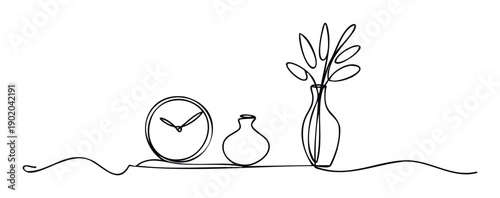 Simple continuous line drawing featuring a minimalist clock and two decorative vases with botanical elements, ideal for modern home decor inspiration or graphic design projects
