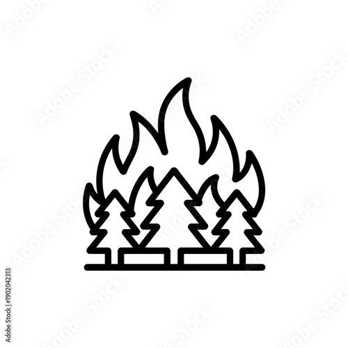 A black and white illustration of trees on fire in a simple style