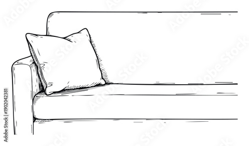 Hand drawn sofa with a cozy pillow on the left side, providing ample blank space on the right for text or product display, ideal for home decor publications or living room furnishing