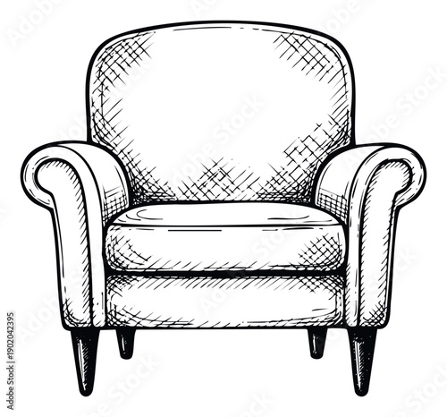 Black and white ink drawing of a comfortable traditional armchair ideal for illustrating furniture layouts hospitality brochures or casual living space concepts.
