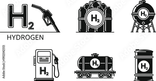 Set of Black and White Minimalist Hydrogen Energy Icons Representing H2 Fuel Cells Sustainable Power Clean Transportation Green Technology Industrial Storage and Eco Friendly Logistics