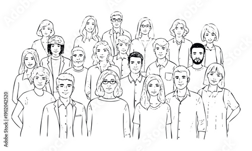 Large diverse group of adult professionals standing together representing teamwork and community suitable for business presentations and social outreach programs
