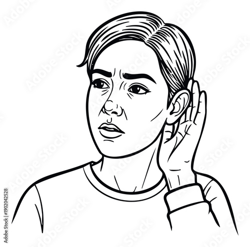Concerned young adult tries to hear faint sounds by cupping hand behind ear, depicting listening intently or difficulty understanding for communication and auditory challenges related