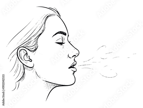 Profile view of a woman with her eyes closed calmly exhaling or blowing air, ideal for illustrating concepts of deep breathing, relaxation, stress relief, and mindfulness in health and