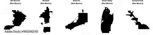 Rio Rancho, Roswell, Santa Fe, South Valley, Sunland Park outline maps