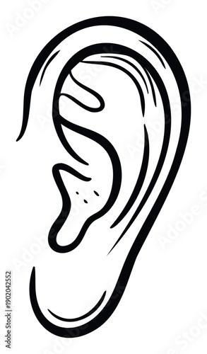 A simple black outline drawing of a human ear depicting its anatomical features perfect for educational materials medical presentations or hearing aid advertisements