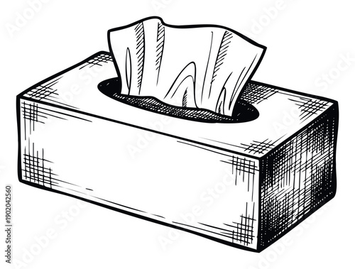 A hand drawn sketch of a rectangular tissue paper box with a facial tissue pulled out from the opening, perfect for health, hygiene, or cold and flu season related marketing materials and