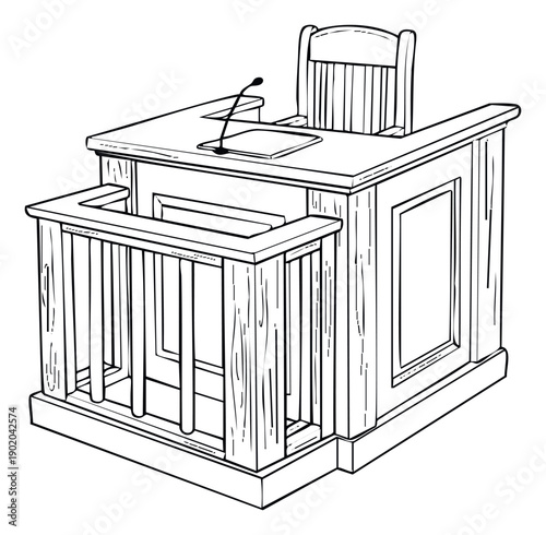 A professional black and white line drawing of a formal courtroom witness stand featuring a sturdy wooden structure, an integrated chair, and a microphone, suitable for legal industry