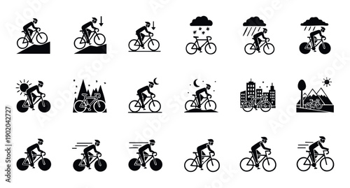 A versatile collection of bicycle riding icons depicting various scenarios like uphill, downhill, snow, rain, night, day, city, and nature, ideal for infographics and app interfaces