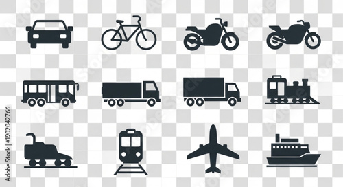 Collection of diverse transportation vehicle icons on a transparent background.