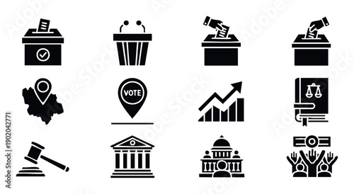 Comprehensive collection of governmental and democratic process icons, including election symbols, legal tools, and political buildings, perfect for civic engagement and public