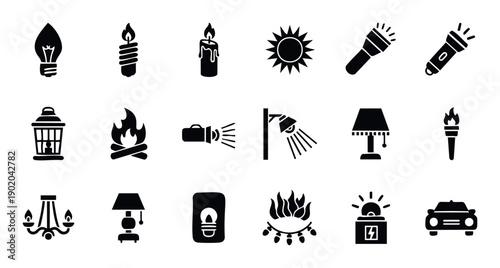 Collection of black silhouette icons representing diverse light sources and illumination types for modern web design elements and digital energy presentations.