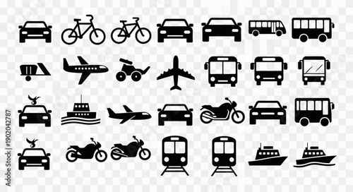 Collection of diverse transportation vehicle icons on transparent background.